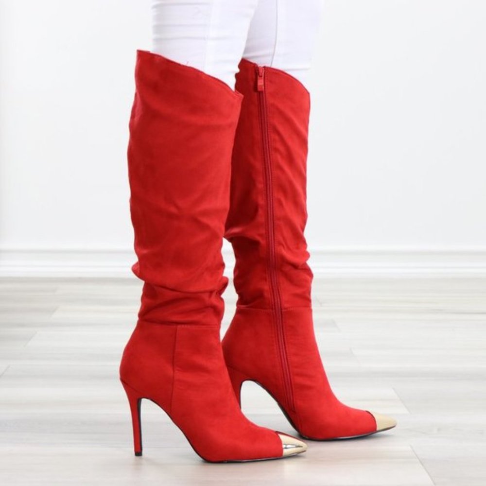 Fancy Pointy Toe Below The Knee Red Boots Suede - Picture 14 of 14